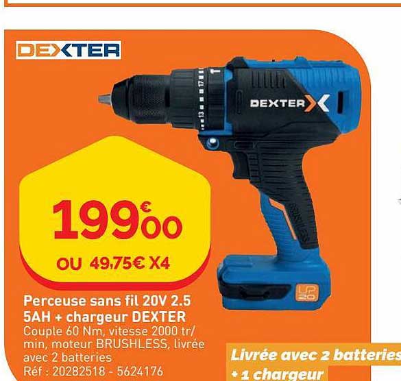 perceuse sans fil 20v 2.5 5Ah + chargeur dexter
