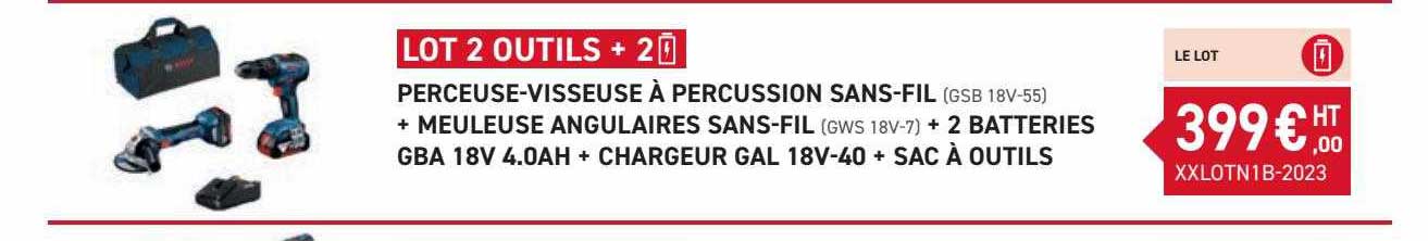 perceuse-visseuse à percussion sans-fil + meuleuse angulaires sans-fil + 2 batteries gba 18v 4.0Ah + chargeur gal 18v-40 + sac à outiles bosch