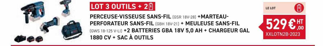 perceuse-visseuse sans-fil + marteau-perforateur sans-fil + meuleuse sans-fil + 2 batteries gba 18v 5,0Ah + chargeur gal 1880 cv + sac à outils bosch