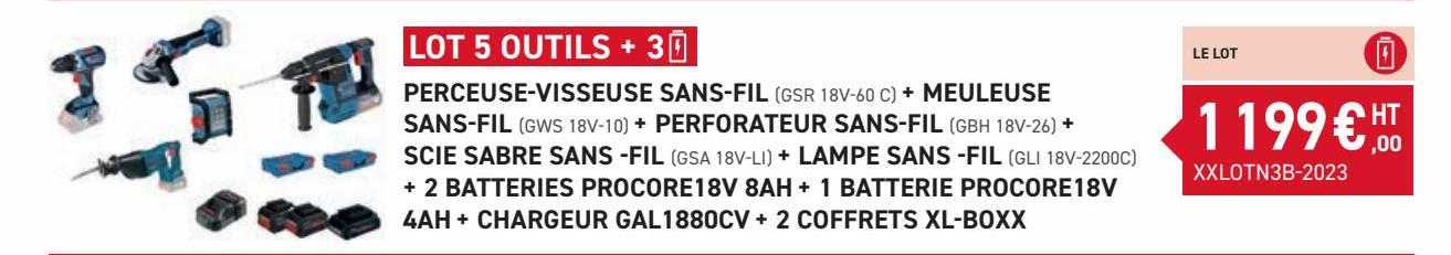 perceuse-visseuse sans-fil + meuleuse sans-fil + perforateur sans-fil + scie sabre sans-fil + lampe sans-fil + 2 batteries procore 18v 8Ah + 1 batterie procore 18v 4Ah + chargeur gal 1880 cv bosch