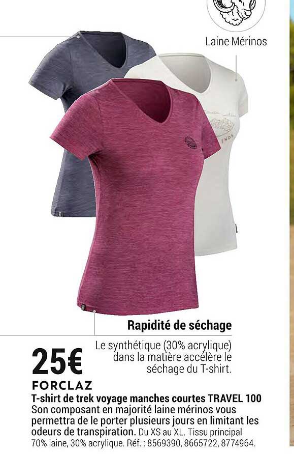 t-shirt de trek voyage manches courtes travel 100 forclaz