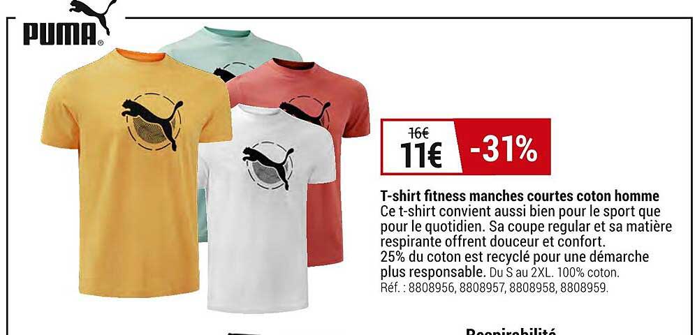 t-shirt fitness manches courtes coton homme puma