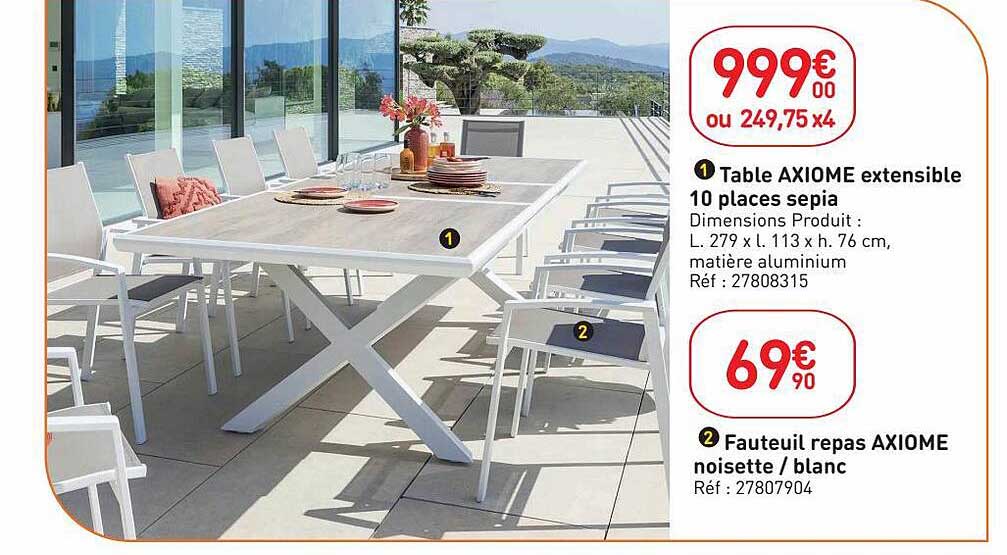 table axiome extensible 10 places sepia, fauteuil repas axiome noisette-blanc