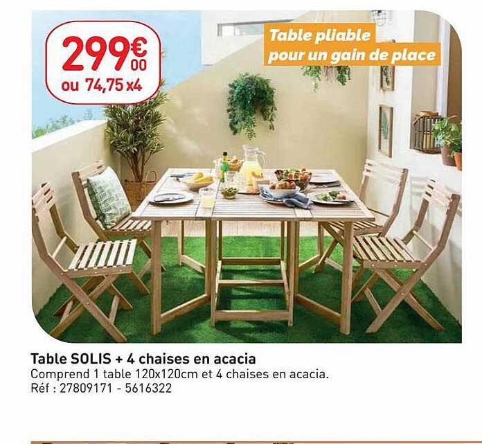 table solis + 4 chaises en acacia