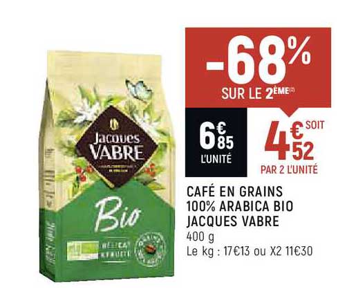 café en grains 100% arabica bio jacques vabre -68% sur le 2ème
