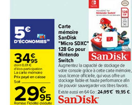 carte mémoire sandisk "micro sdxc" 128 go pour nintendo switch