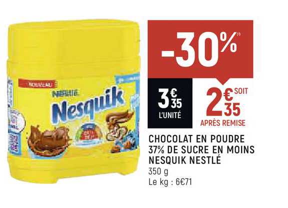 chocolat en poudre 37% de sucre en moins nesquik nestlé