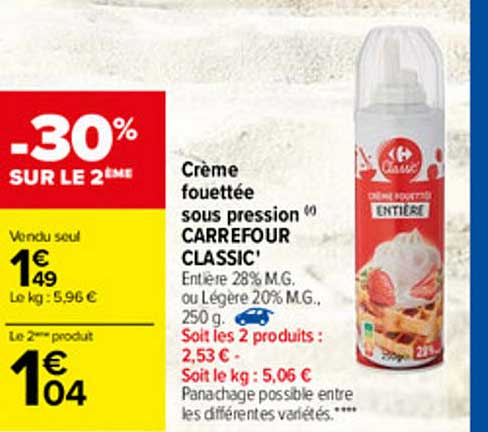 Crème Fouettée Sous Pression Carrefour Classic'