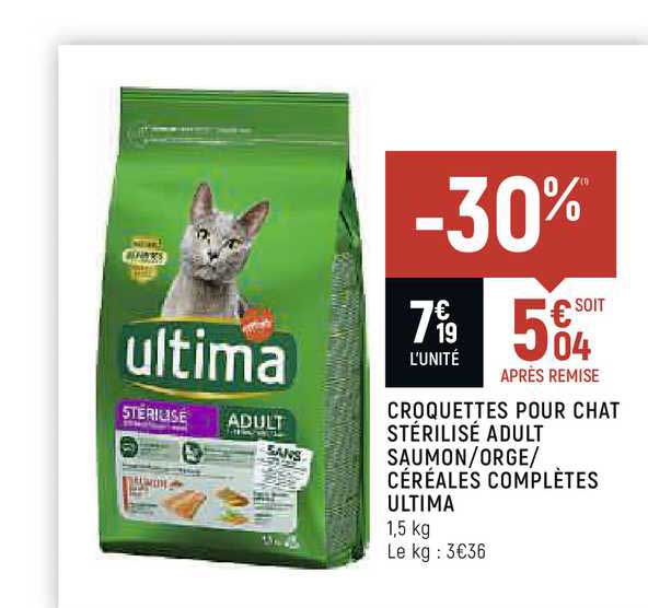 croquettes pour chat stérilisé adult saumon orge céréales complètes ultima