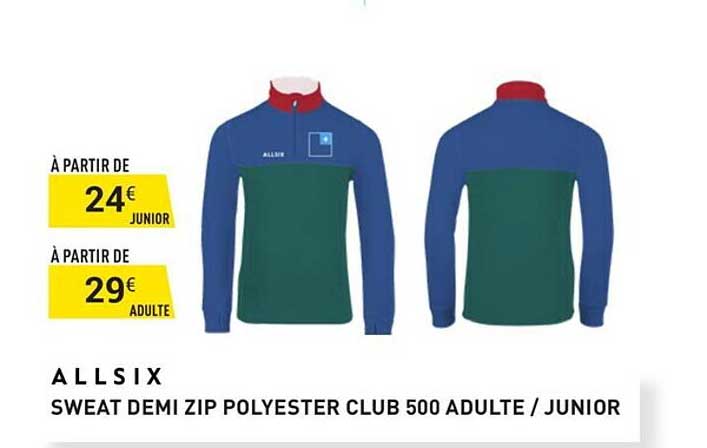 sweat demi zip polyester club 500 adulte - junior allsix