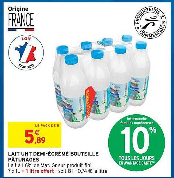 lait uht demi-écrémé bouteille pâturages