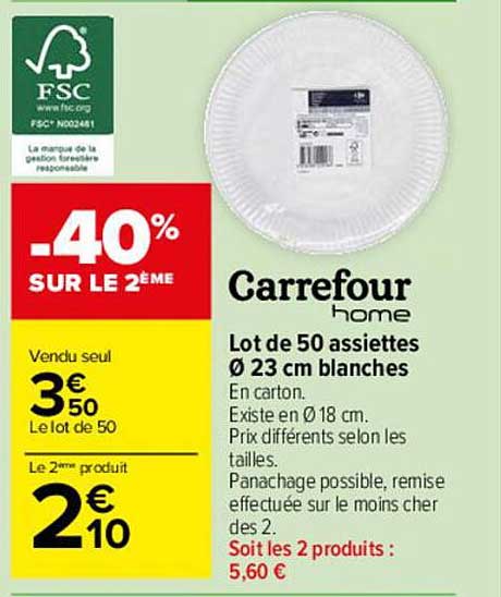 Lot De 50 Assiettes ø 23 Cm Blanches Carrefour Home
