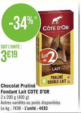 Chocolat Praliné Fondant Lait Côte D'or