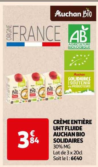 crème entière uht fluide auchan bio solidaires