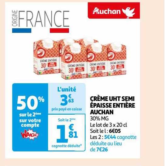 crème uht semi épaisse entière auchan