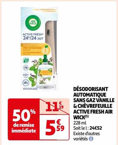 désodorisant automatique sans gaz vanille & chèvrefeuille active fresh air wick