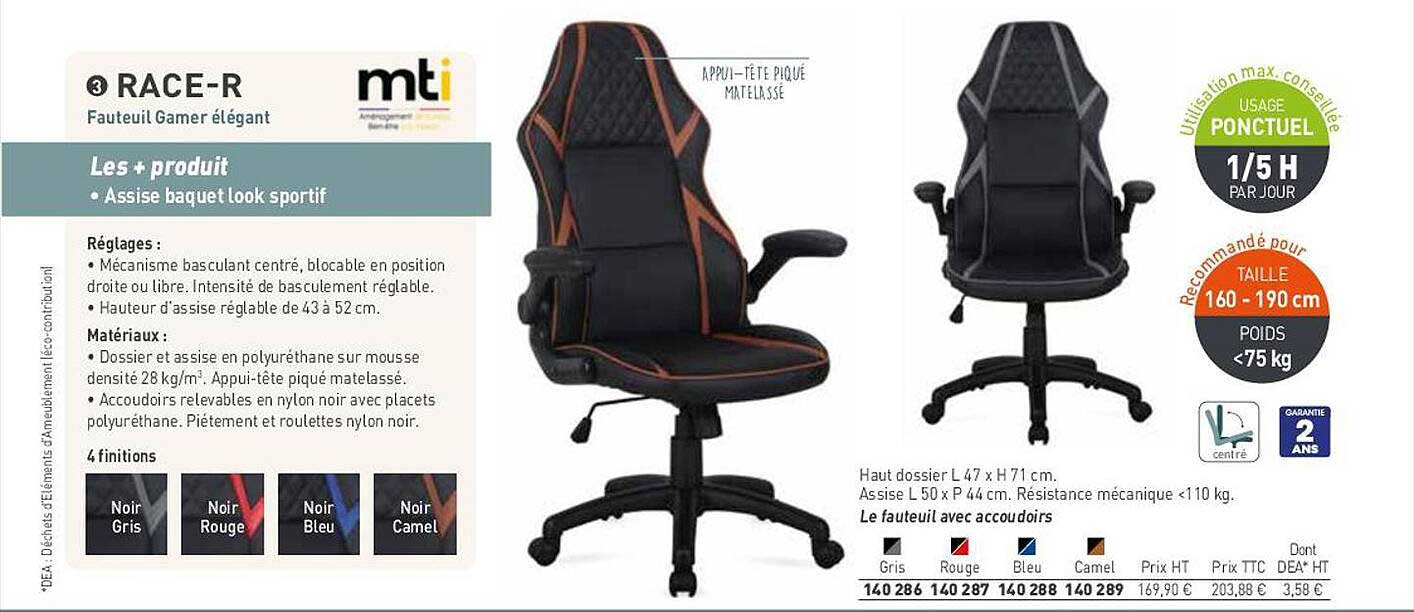 fauteuil gamer élégant race-r mti