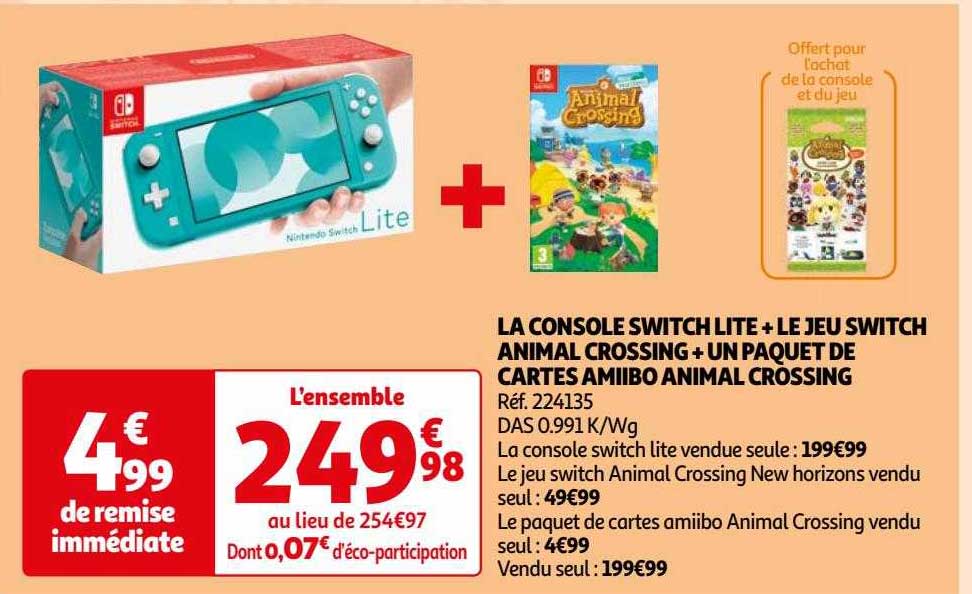 la console switch lite + le jeu switch animal crossing + un paquet de cartes amiibo animal crossing