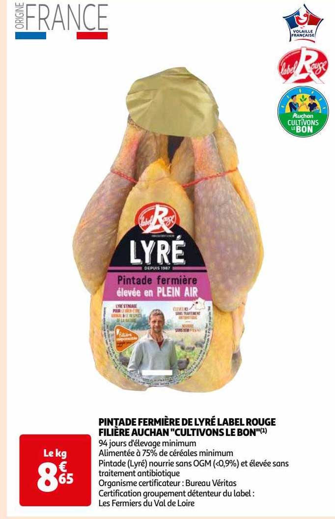 pintade fermière de lyré label rouge filière auchan "cultivons le bon"