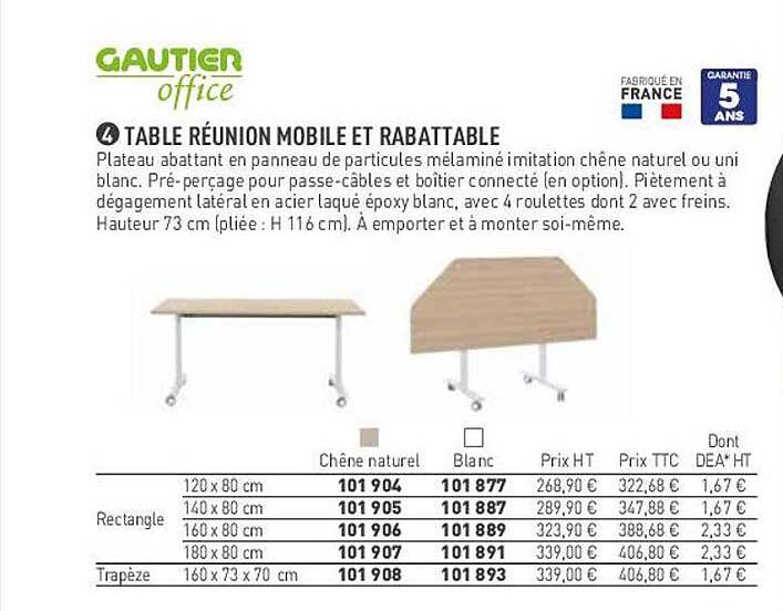 table réunion mobile et rabattable gautier office