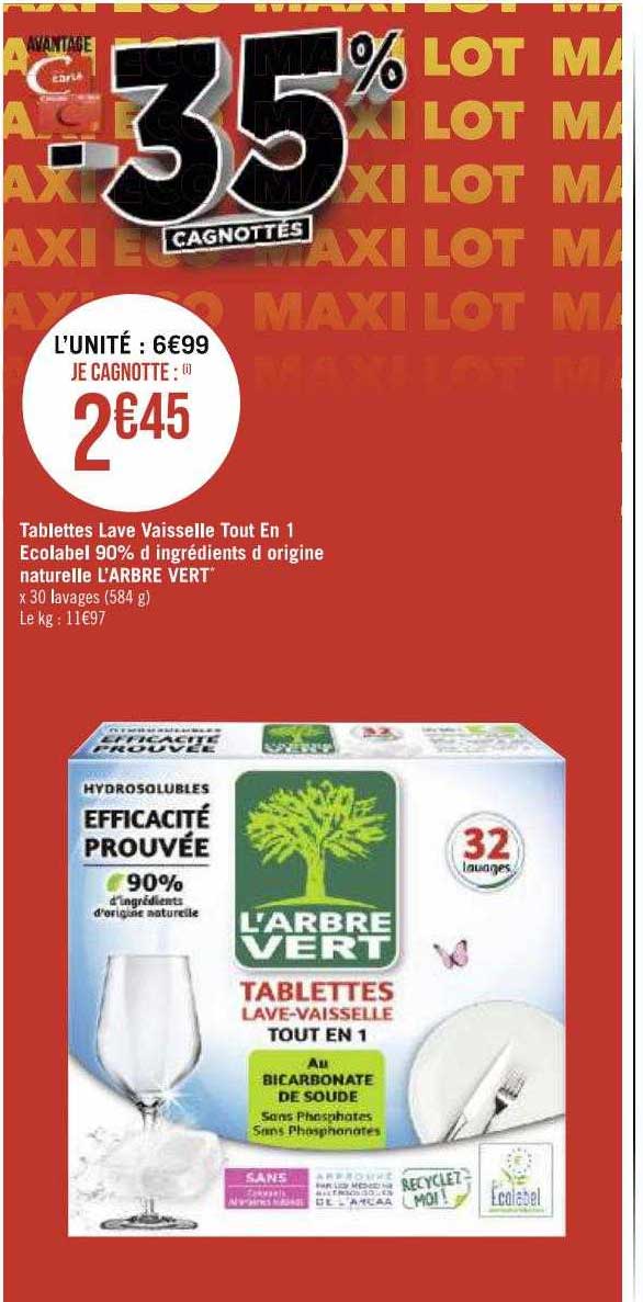 tablettes lave vaisselle tout en 1 ecolabel 90% d'ingrédients d'origine naturelle l'arbre vert