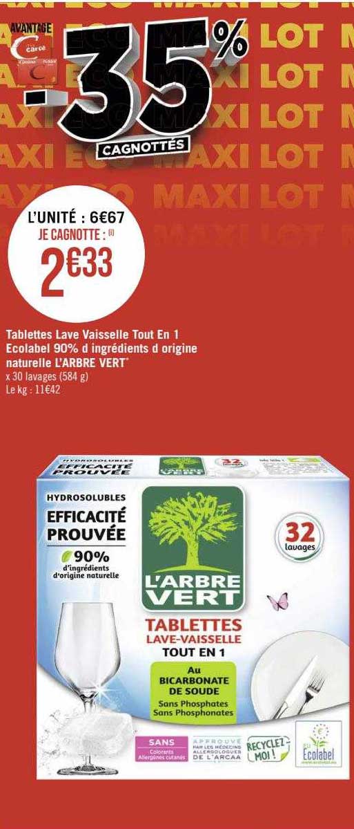 tablettes lave vaisselle tout en 1 écolabel 90% d'ingrédients d'origine naturelle l'arbre vert