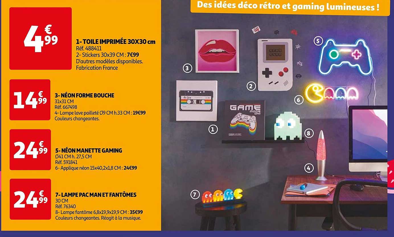 toile imprimée 30 x 30 cm, néon forme bouche, néon manette gaming, lampe pac man et fantômes
