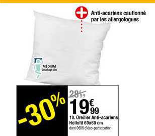 oreiller anti acariens hollofil 60x60 cm