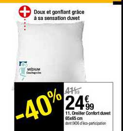 oreiller confort duvet 65x65 cm