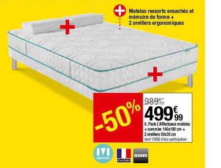 pack l'affectueux matelas + sommier 140x190 cm + 2 oreillers 50x30 cm