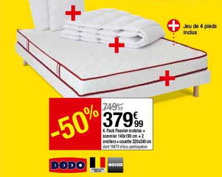 pack passion matelas sommier 140x190 cm + 2 oreillers + couette 220x240 cm dodo mousse