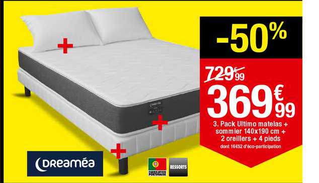 pack ultimo matelas + sommier 140x190 cm + 2 oreillers + 4 pieds dreaméa ressorts