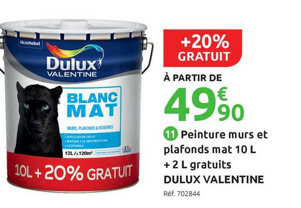 peinture murs et plafonds mat 10 l + 2 l gratuits dulux valentine