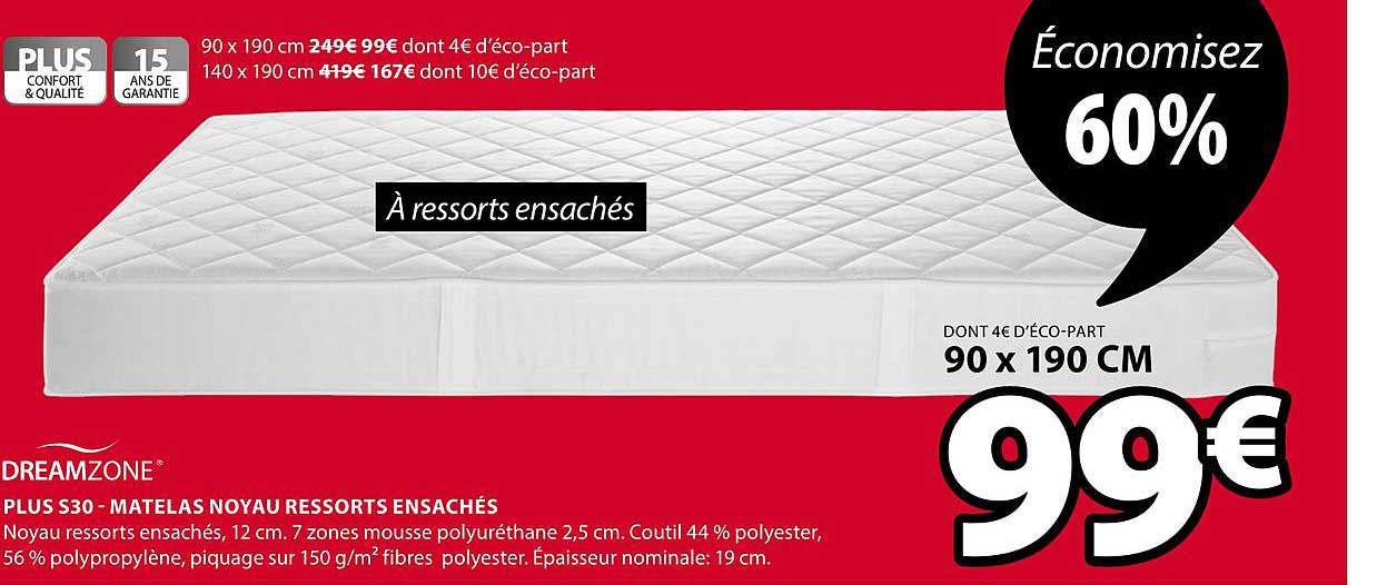 plus s30 matelas noyau ressorts ensachés dreamzone