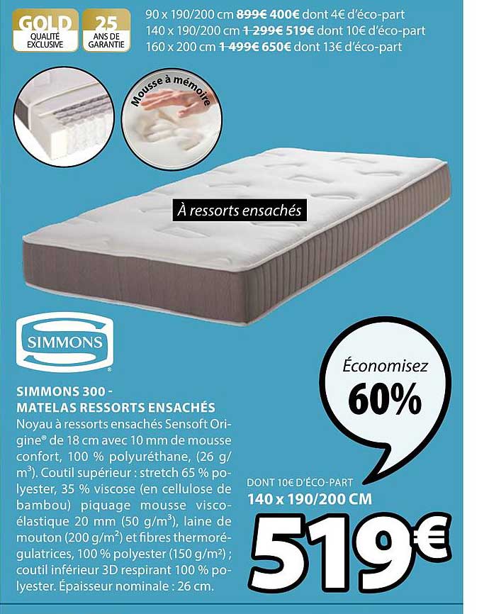 simmons 300 matelas ressorts ensachés