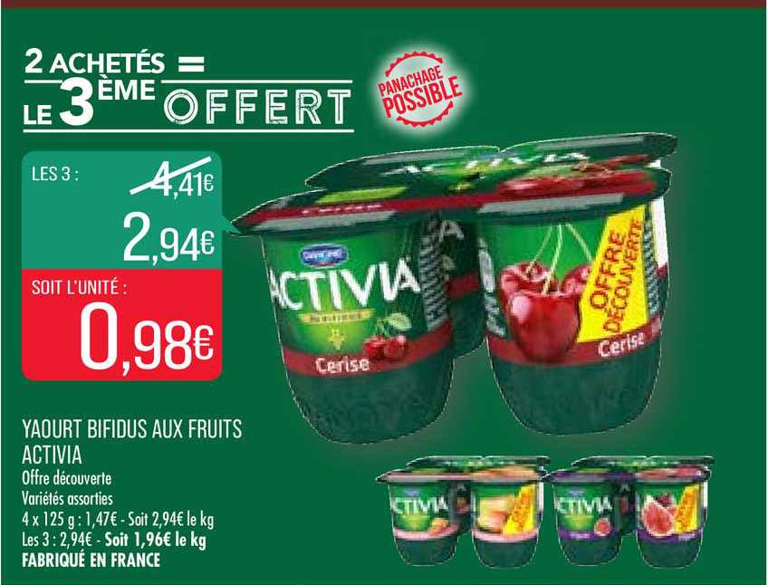 yaourt bifidus aux fruits activia 2 achetés = le 3ème offert