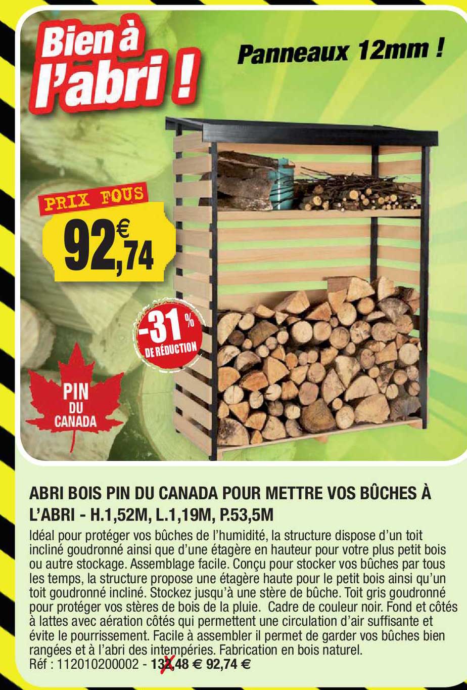 abri bois pin du canada pour mettre vos bûches à l'abri - h. 1,52 m, l.1,19 m, p. 53,5 m
