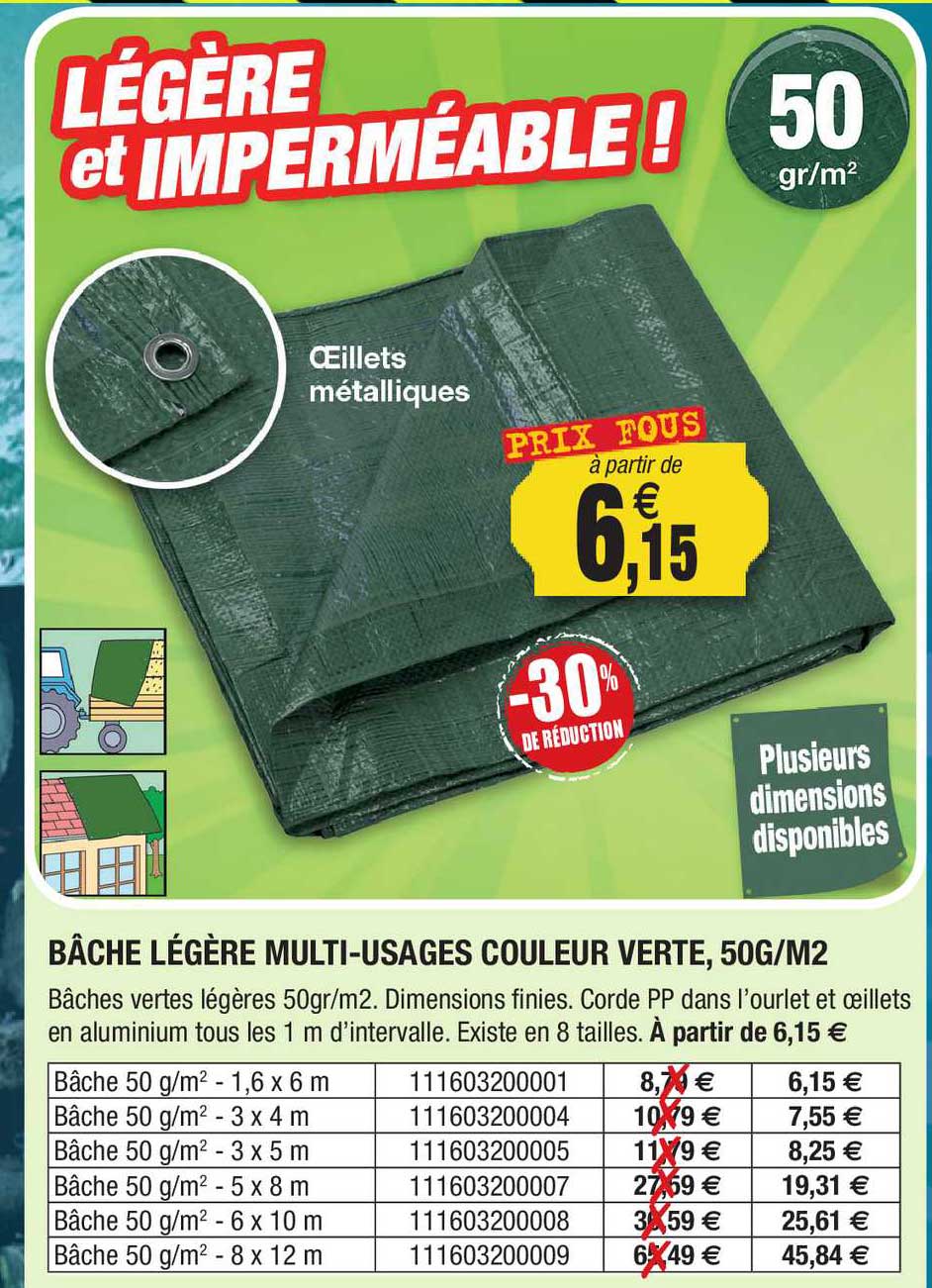 bâche légère multi-usages couleur verte, 50g-m²