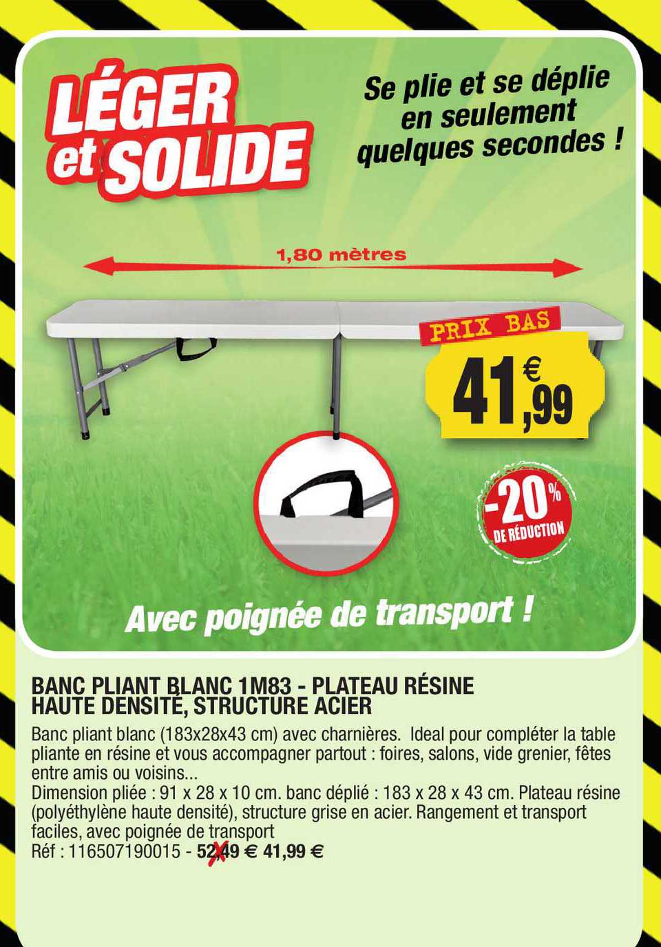 banc pliant blanc 1 m 83 - plateau résine haute densité, structure acier