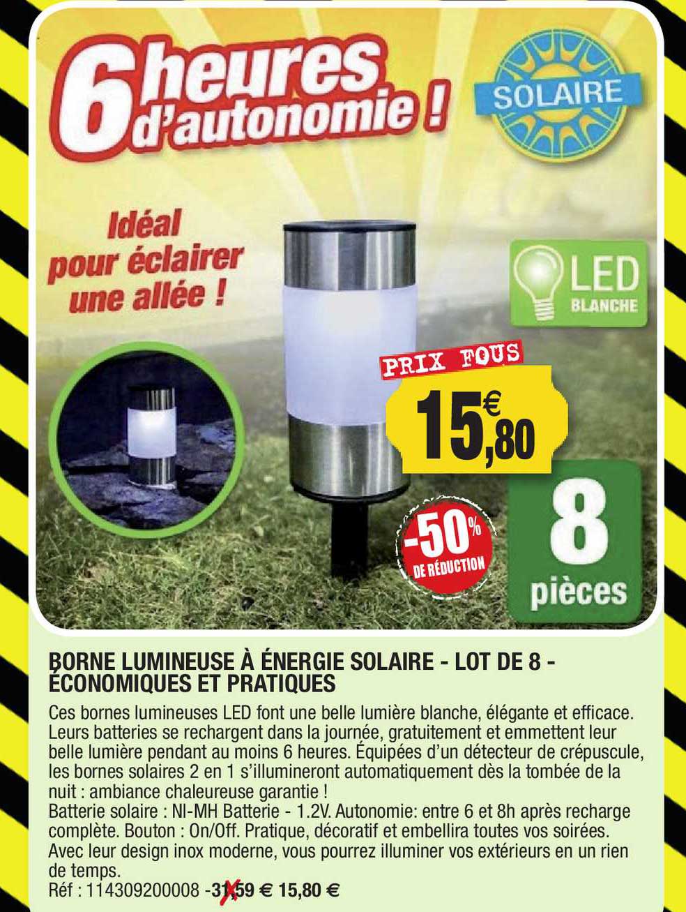 borne lumineuse à énergie solaire - lot de 8 - économiques et pratiques