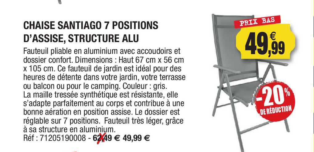 chaise santiago 7 positions d'assise, structure alu