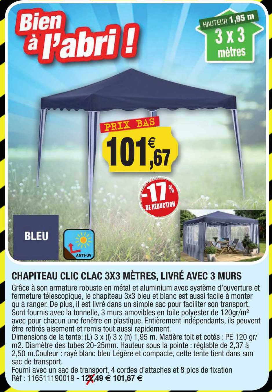 chapiteau clic clac 3 x 3 mètres, livré avec 3 murs
