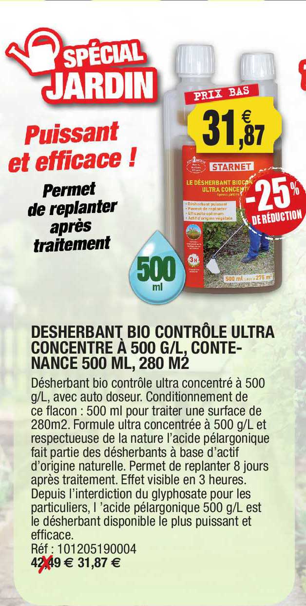 désherbant bio contrôle ultra concentré à 500 g-l, contenance 500 ml, 280 m²