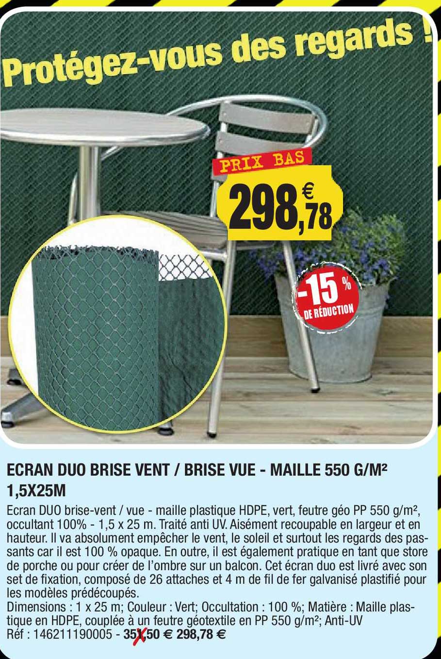 écran duo brise vent - brise vue - maille 550 g-m² 1,5 x 25 m
