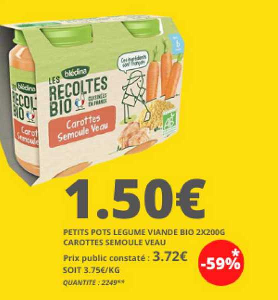 petits pots légume viande bio 2x200g carottes semoule veau