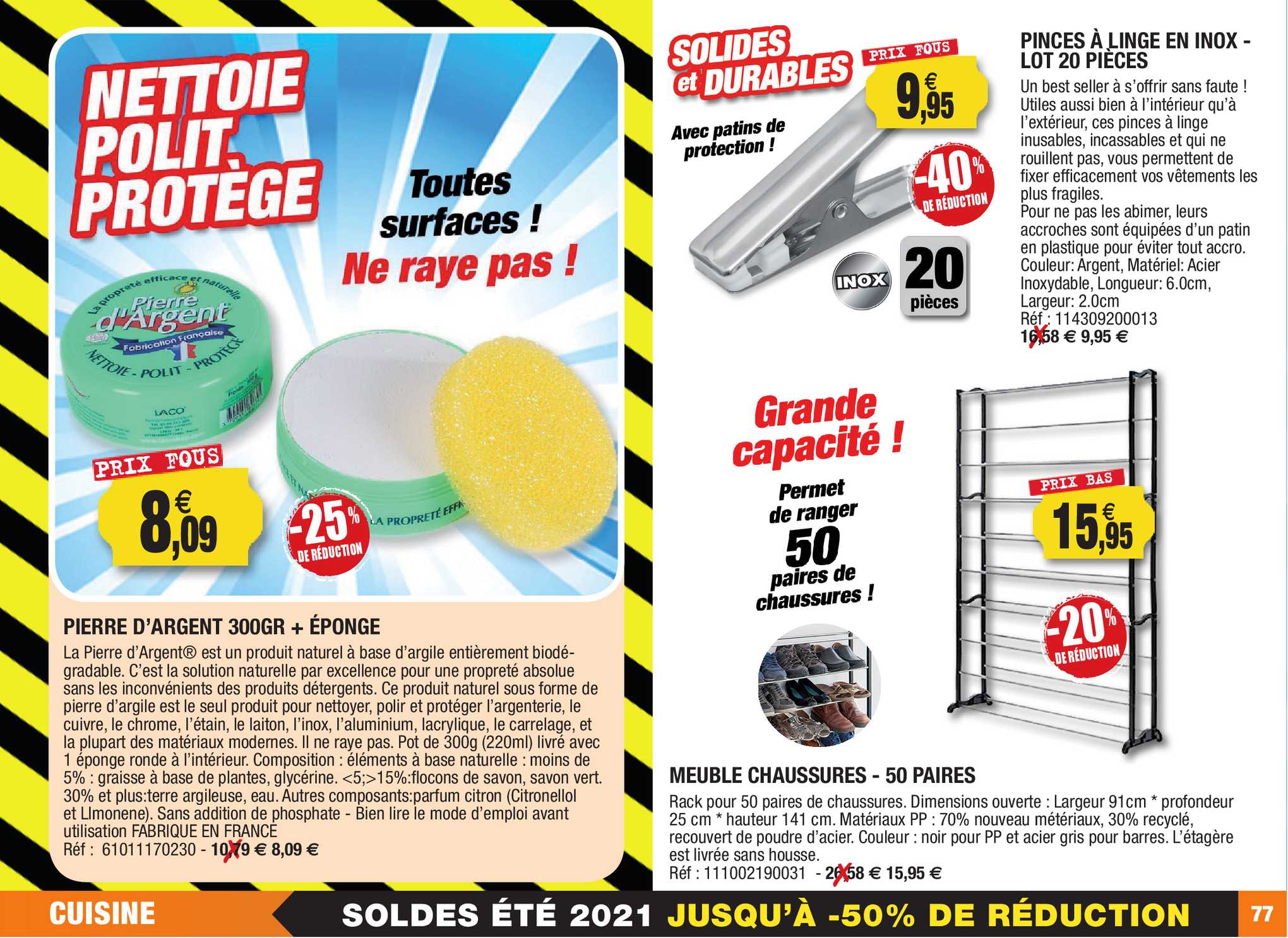 pinces à linge en inox - lot 20 pièces, pierre d'argent 300gr + éponge, meuble chaussures - 50 paires