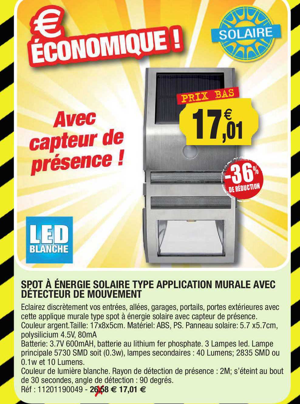 spot à énergie solaire type application murale avec détecteur de mouvement