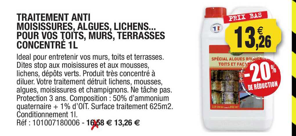 traitement anti moisissures, algues, lichens... pour vos toits, murs, terrasses concentré 1 l