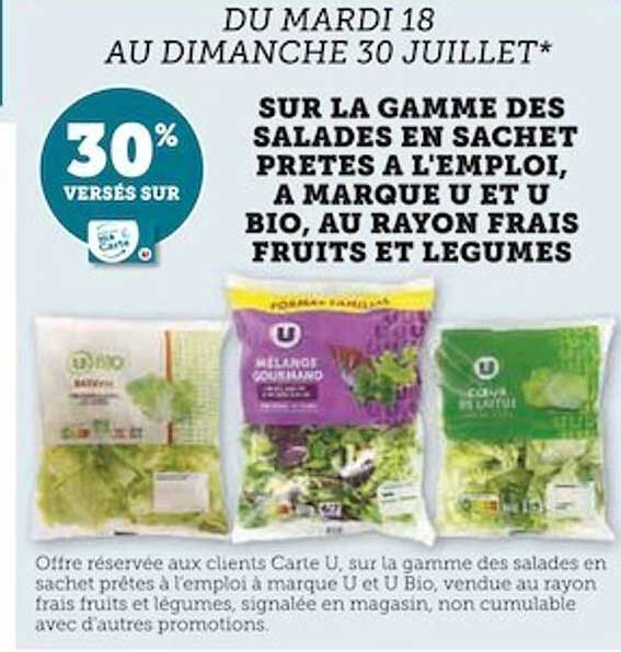 la gamme des salades en sachet prêtes à l'emploi, à marque u et u bio, au rayon frais fruits et légumes