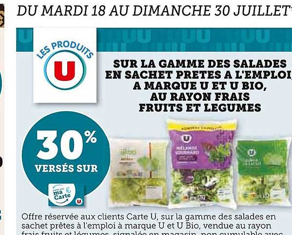 la gamme des salades en sachet prêtes à l'emploi à marque u et u bio, au rayon frais fruits et légumes